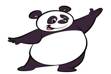 Happy cartoon panda character, making a presentation gesture