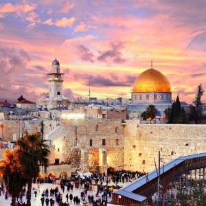 Skyline of the Old City at he Western Wall and Temple Mount in Jerusalem, Israel.